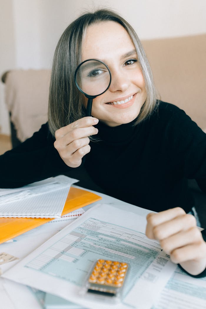 Woman in black sweater smiling while examining paperwork with a magnifying glass indoors.